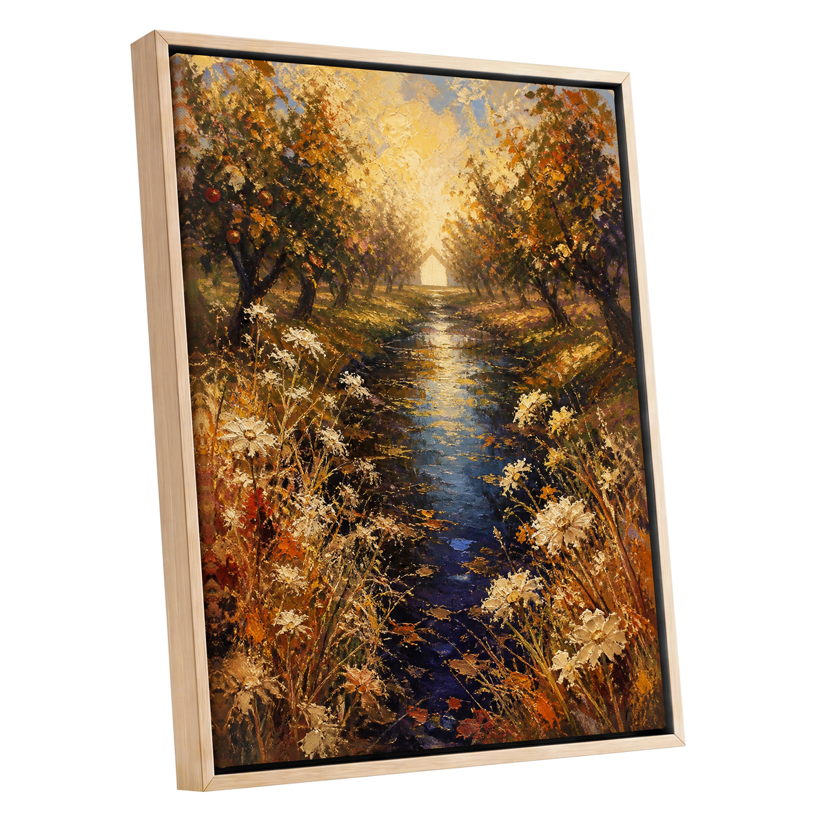 Golden Orchard Glow, gold, blue, brown nature wall art shown as a oak framed canvas wall art
