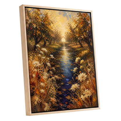 Golden Orchard Glow, gold, blue, brown nature wall art shown as a oak framed canvas wall art