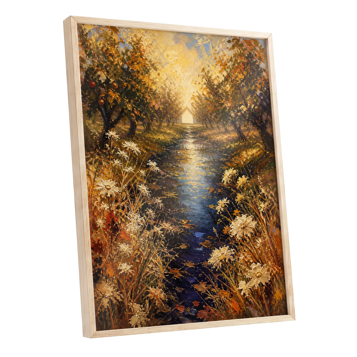 Golden Orchard Glow, gold, blue, brown nature wall art shown as a oak framed poster wall art print
