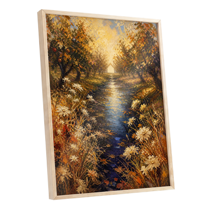Golden Orchard Glow, gold, blue, brown nature wall art shown as a oak framed poster wall art print