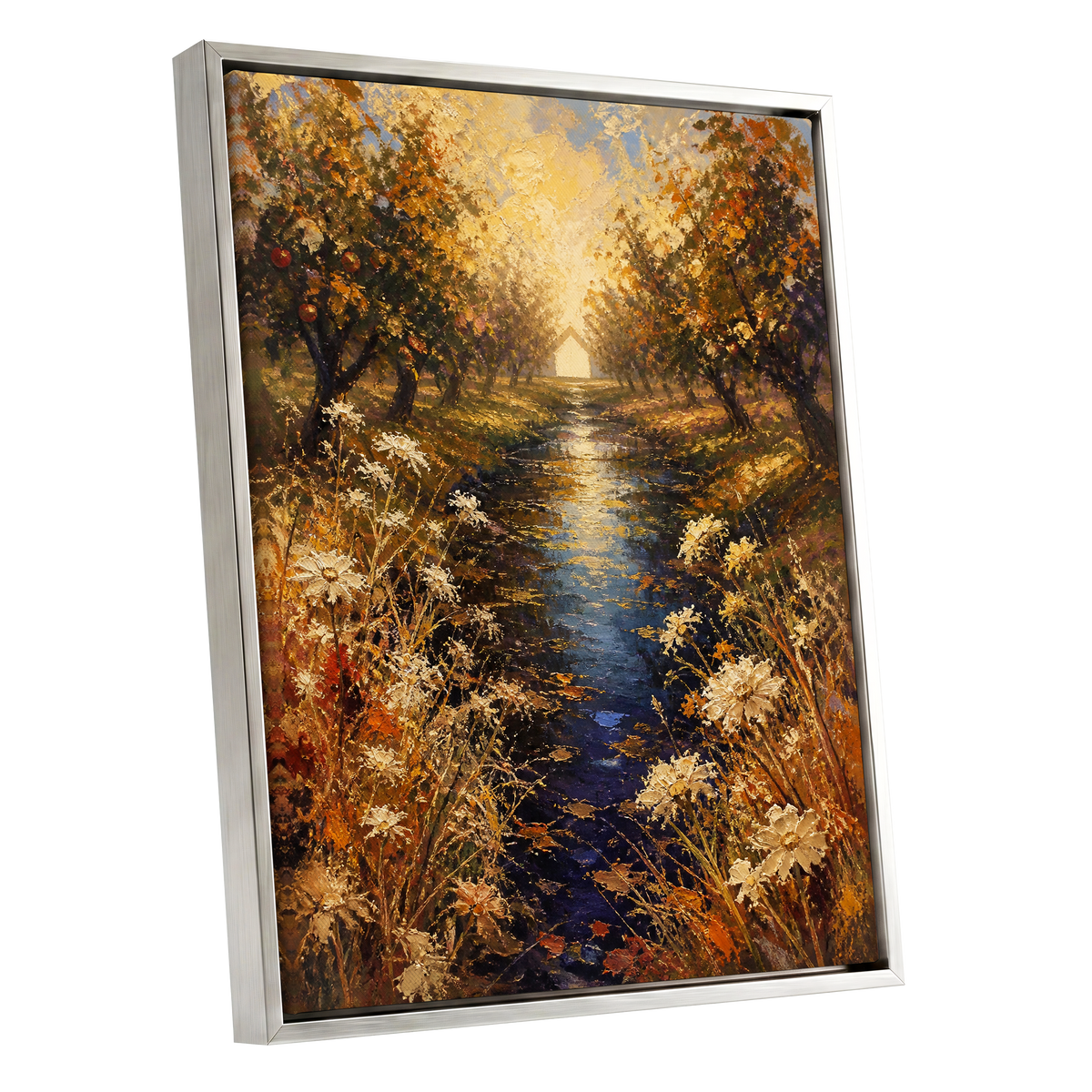Golden Orchard Glow, gold, blue, brown nature wall art shown as a silver framed canvas wall art