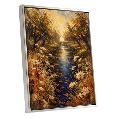 Golden Orchard Glow, gold, blue, brown nature wall art shown as a silver framed canvas wall art