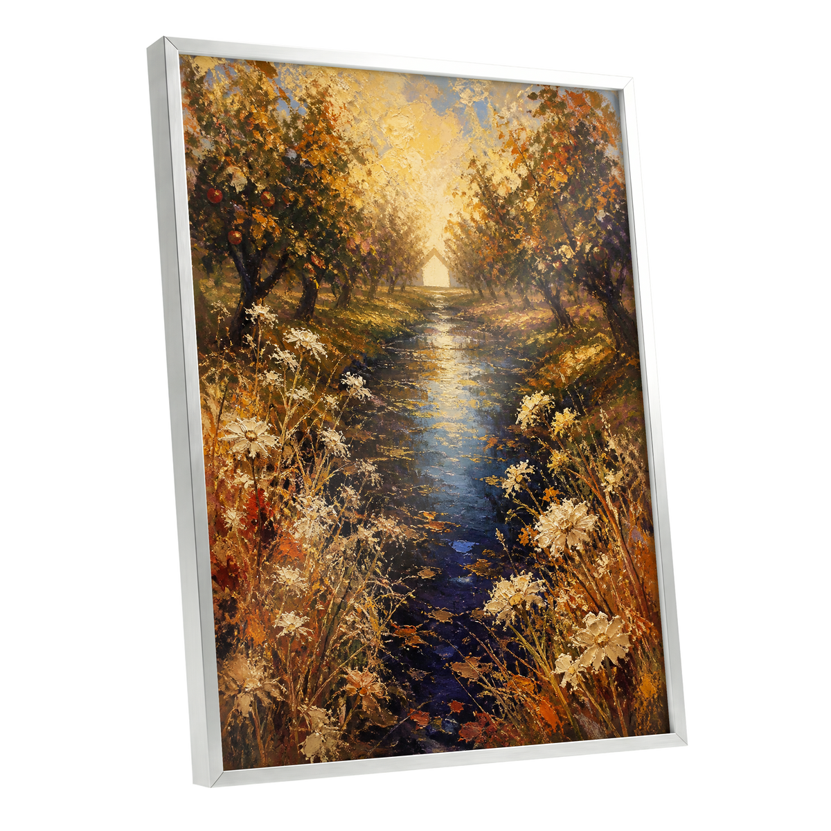 Golden Orchard Glow, gold, blue, brown nature wall art shown as a silver framed poster wall art print