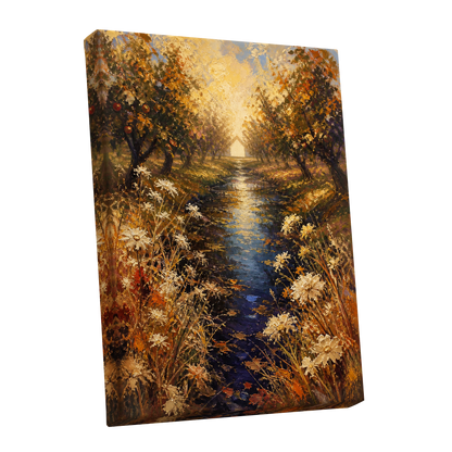 Golden Orchard Glow, gold, blue, brown nature wall art shown as a stretched canvas wall art