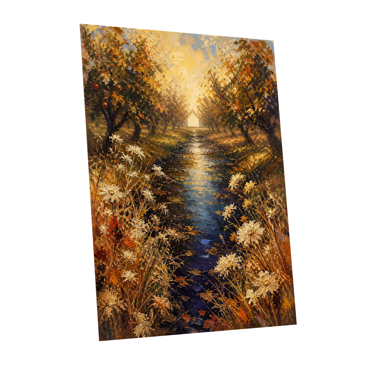 Golden Orchard Glow, gold, blue, brown nature wall art shown as a unframed poster wall art print