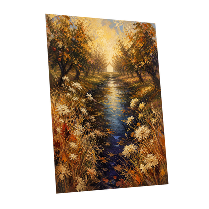 Golden Orchard Glow, gold, blue, brown nature wall art shown as a unframed poster wall art print
