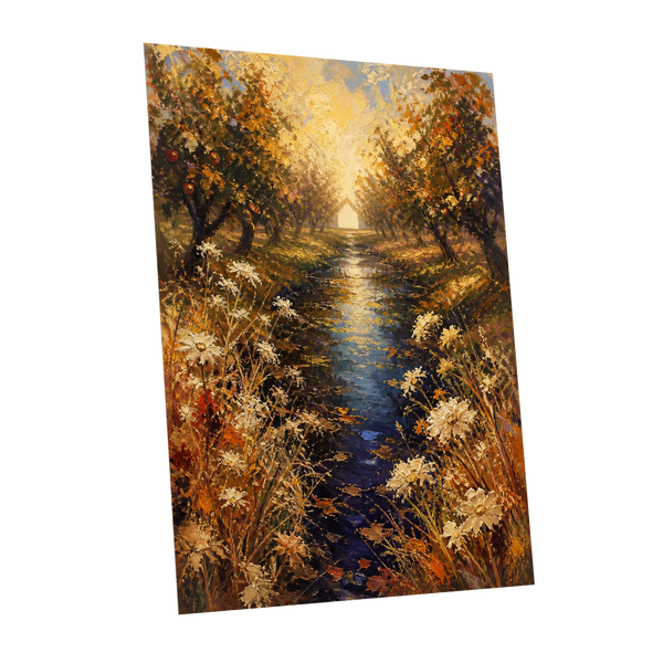 Golden Orchard Glow, gold, blue, brown nature wall art shown as a unframed poster wall art print