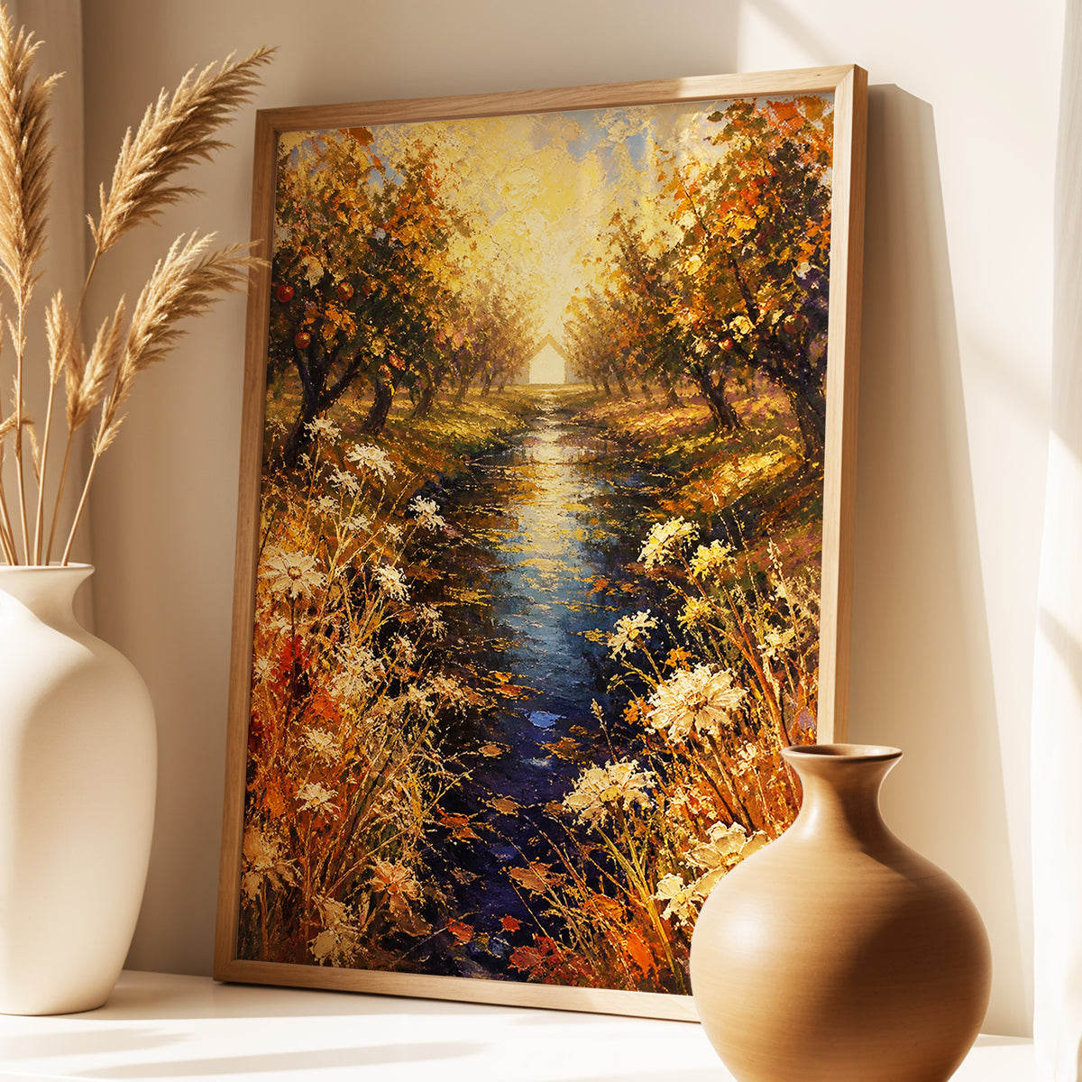 Golden Orchard Glow, gold, blue, brown nature wall art displayed in a styled interior, gallery view 2