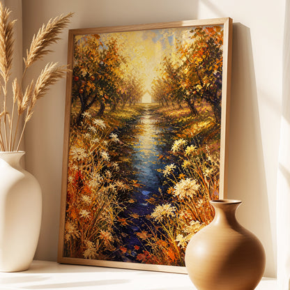 Golden Orchard Glow, gold, blue, brown nature wall art displayed in a styled interior, gallery view 2