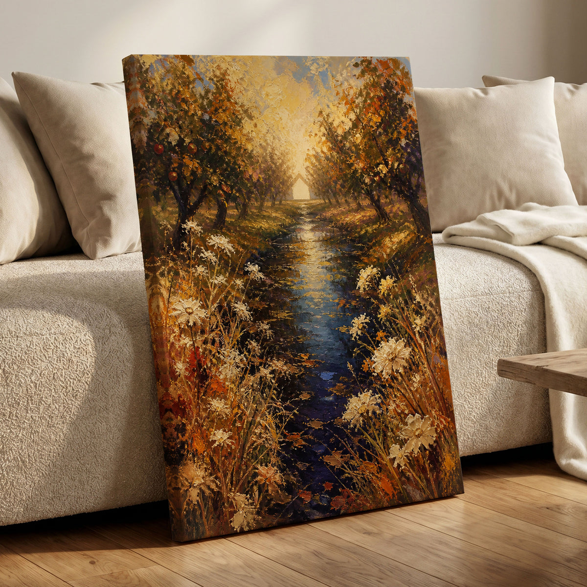 Golden Orchard Glow, gold, blue, brown nature wall art displayed in a styled interior, gallery view 3