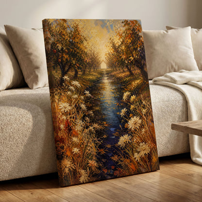 Golden Orchard Glow, gold, blue, brown nature wall art displayed in a styled interior, gallery view 3