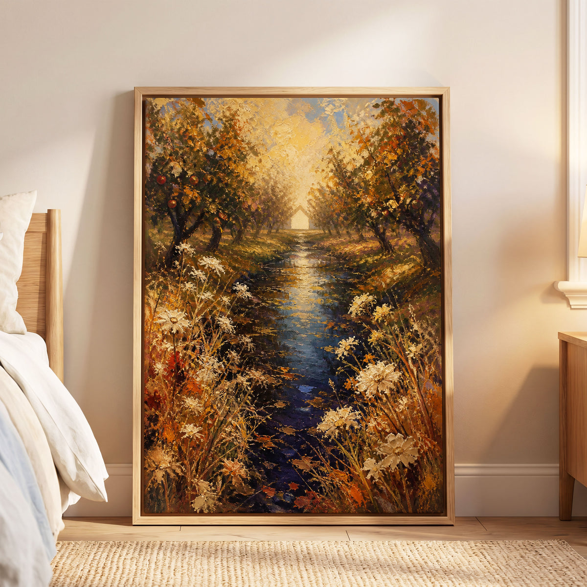 Golden Orchard Glow, gold, blue, brown nature wall art displayed in a styled interior, gallery view 4