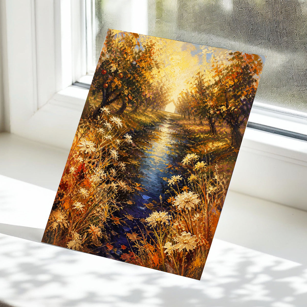 Golden Orchard Glow, gold, blue, brown nature wall art displayed in a styled interior, gallery view 5