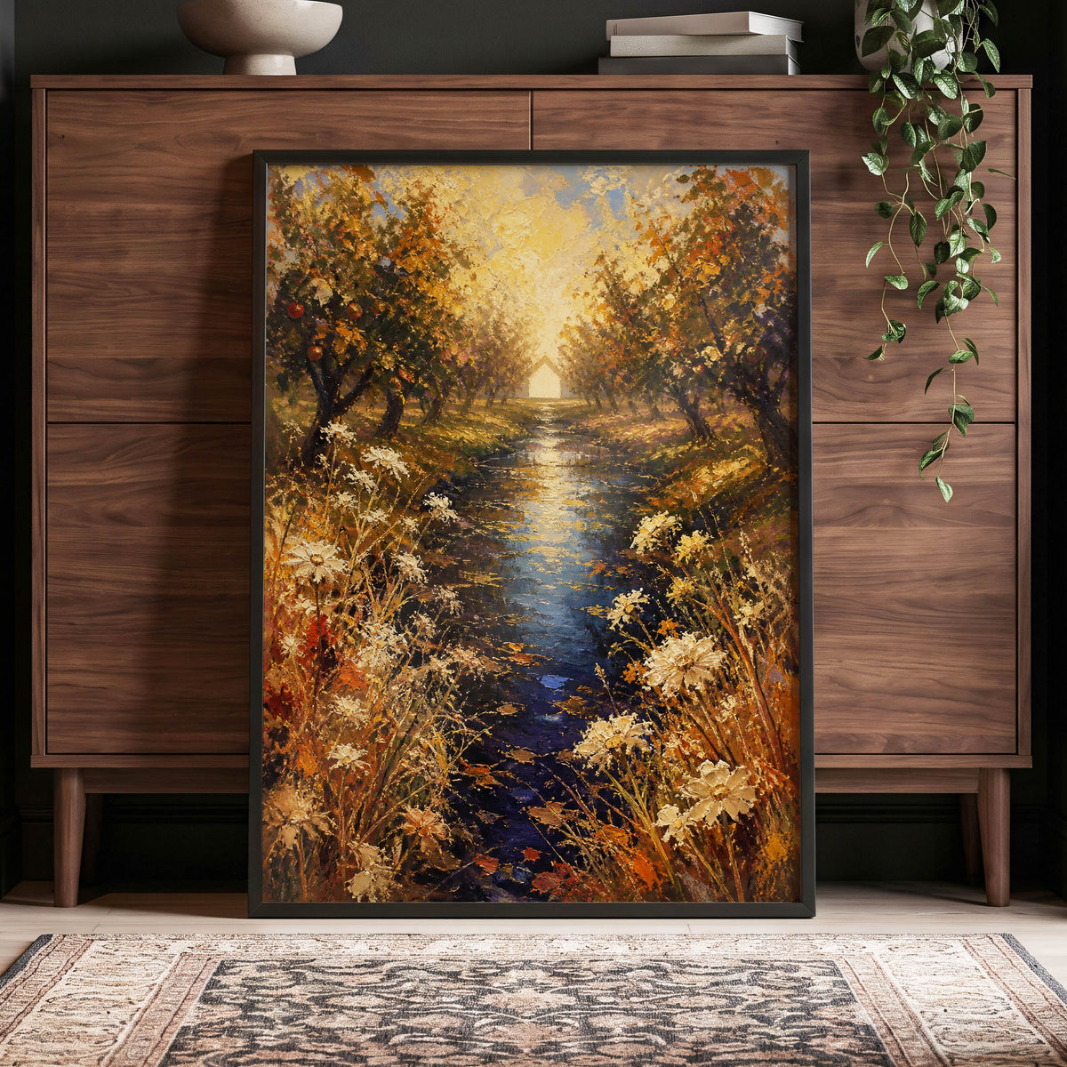 Golden Orchard Glow, gold, blue, brown nature wall art displayed in a styled interior, gallery view 6