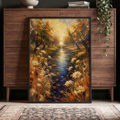 Golden Orchard Glow, gold, blue, brown nature wall art displayed in a styled interior, gallery view 6