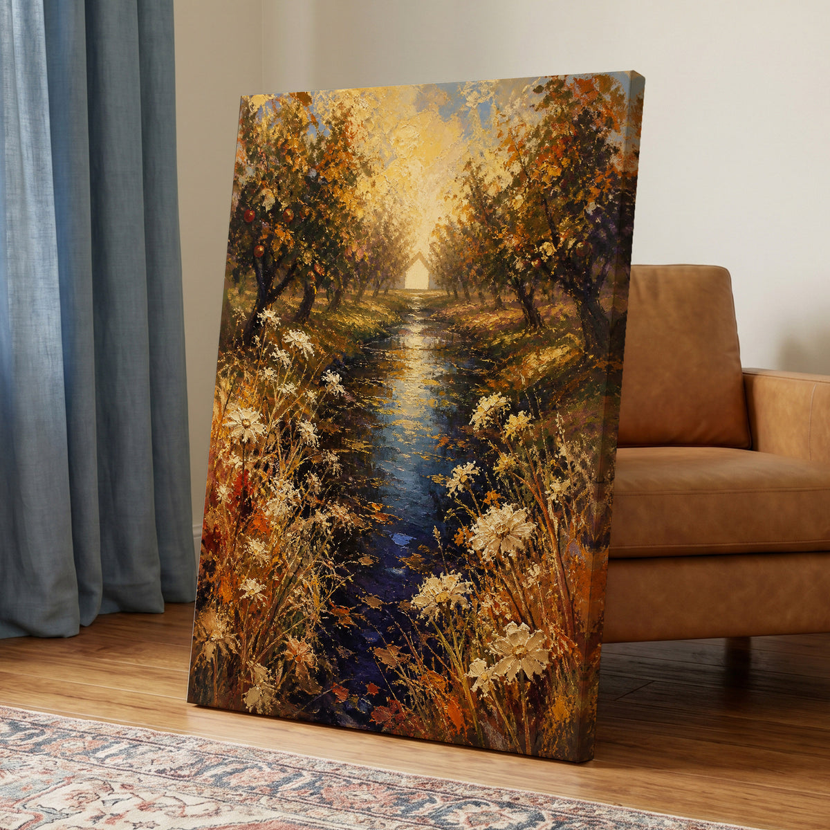 Golden Orchard Glow, gold, blue, brown nature wall art displayed in a styled interior, gallery view 7