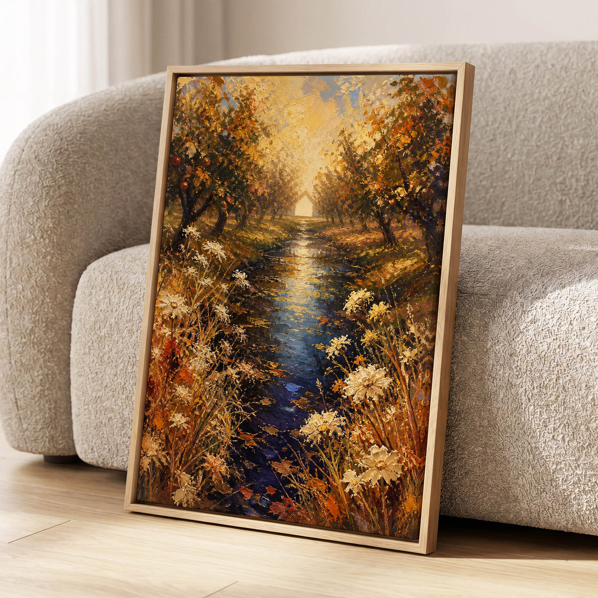 Golden Orchard Glow, gold, blue, brown nature wall art displayed in a styled interior, gallery view 8