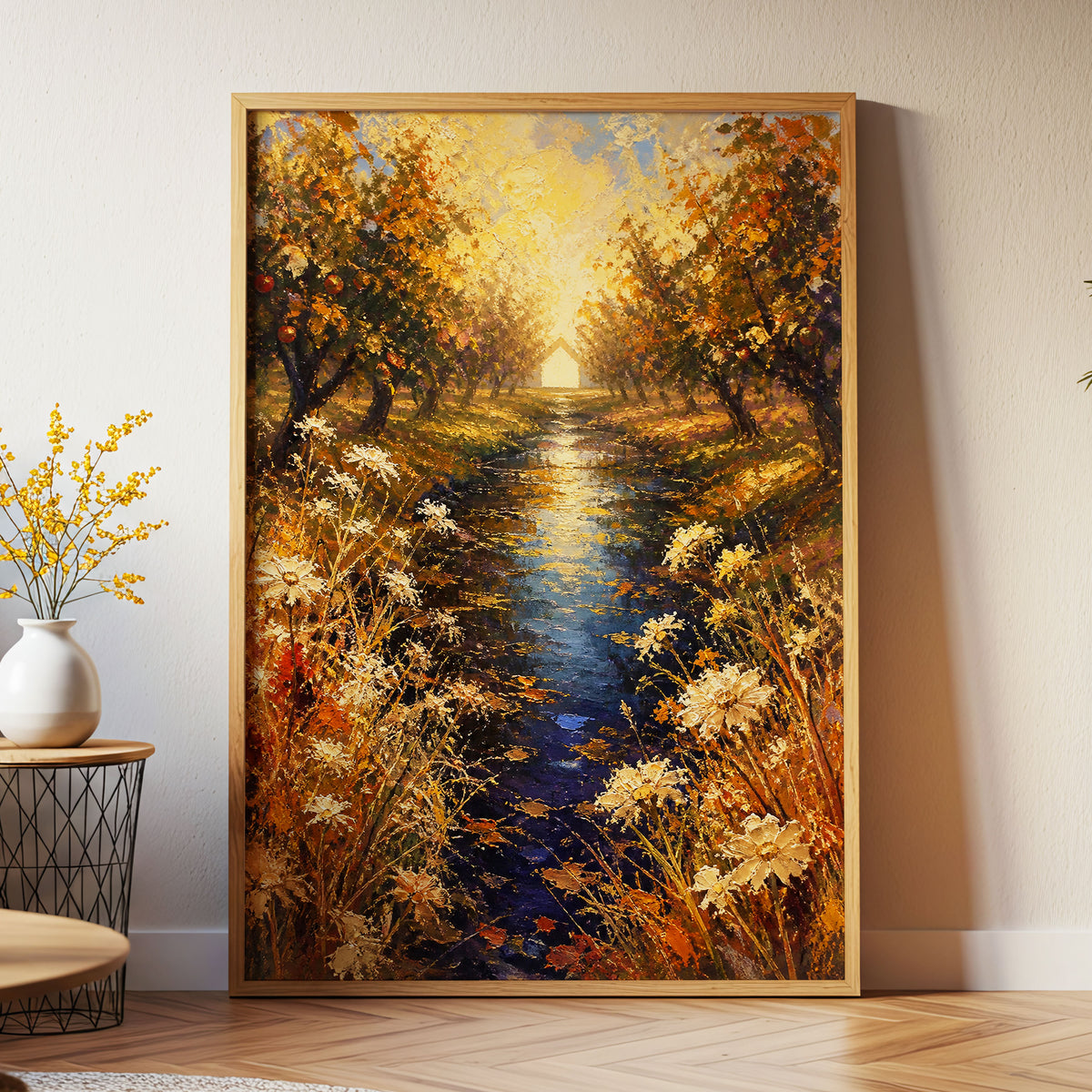 Golden Orchard Glow, gold, blue, brown nature wall art displayed in a styled interior, gallery view 9