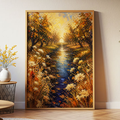 Golden Orchard Glow, gold, blue, brown nature wall art displayed in a styled interior, gallery view 9
