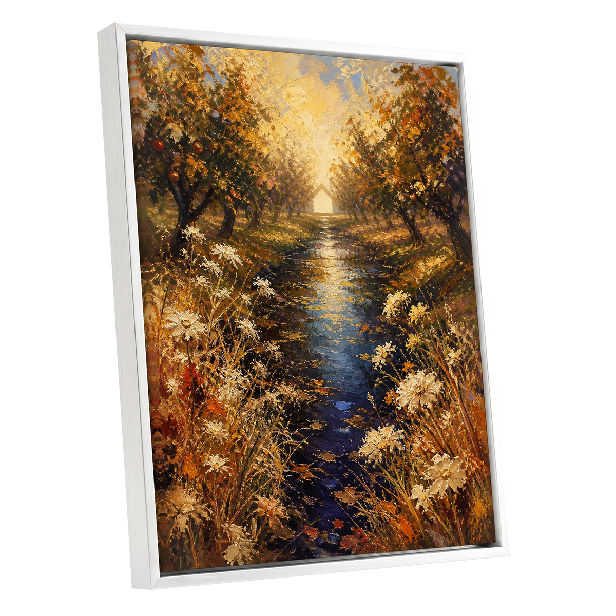 Golden Orchard Glow, gold, blue, brown nature wall art shown as a white framed canvas wall art