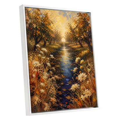 Golden Orchard Glow, gold, blue, brown nature wall art shown as a white framed canvas wall art