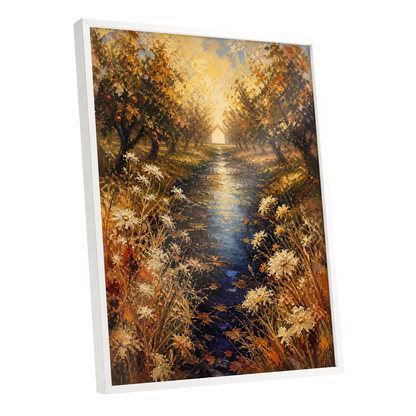 Golden Orchard Glow, gold, blue, brown nature wall art shown as a white framed poster wall art print