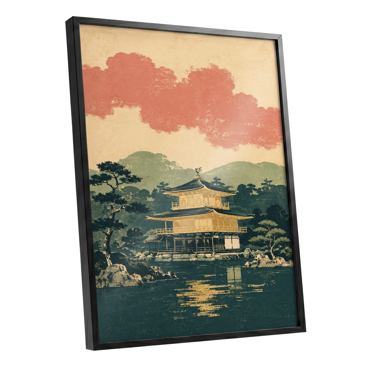 Golden Pavilion Stillness, green, beige, gold nature wall art shown as a black framed poster wall art print