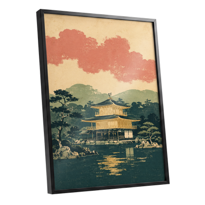 Golden Pavilion Stillness, green, beige, gold nature wall art shown as a black framed poster wall art print