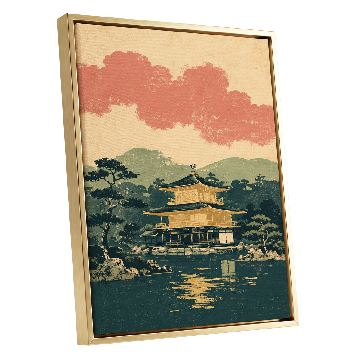 Golden Pavilion Stillness, green, beige, gold nature wall art shown as a gold framed canvas wall art
