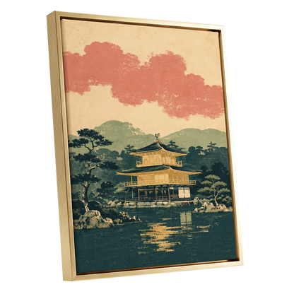 Golden Pavilion Stillness, green, beige, gold nature wall art shown as a gold framed canvas wall art