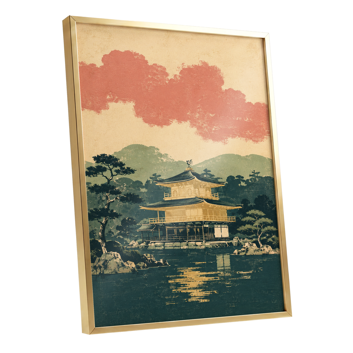 Golden Pavilion Stillness, green, beige, gold nature wall art shown as a gold framed poster wall art print