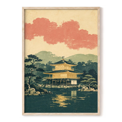 Golden Pavilion Stillness, green, beige, gold nature wall art, front artwork view