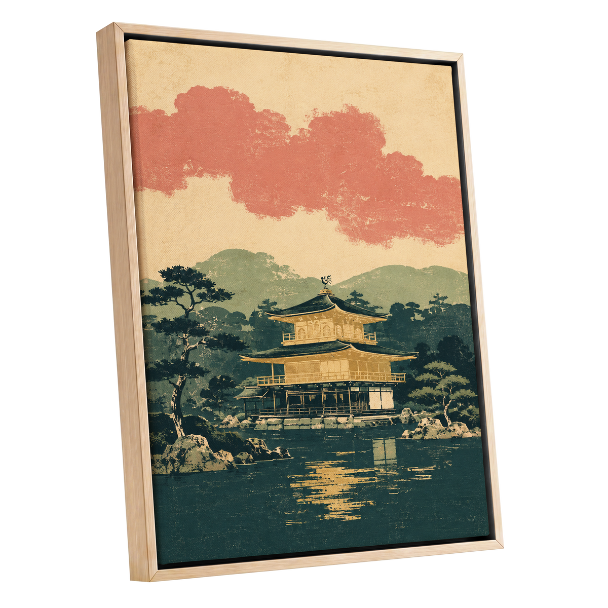 Golden Pavilion Stillness, green, beige, gold nature wall art shown as a oak framed canvas wall art