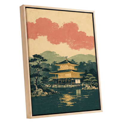 Golden Pavilion Stillness, green, beige, gold nature wall art shown as a oak framed canvas wall art
