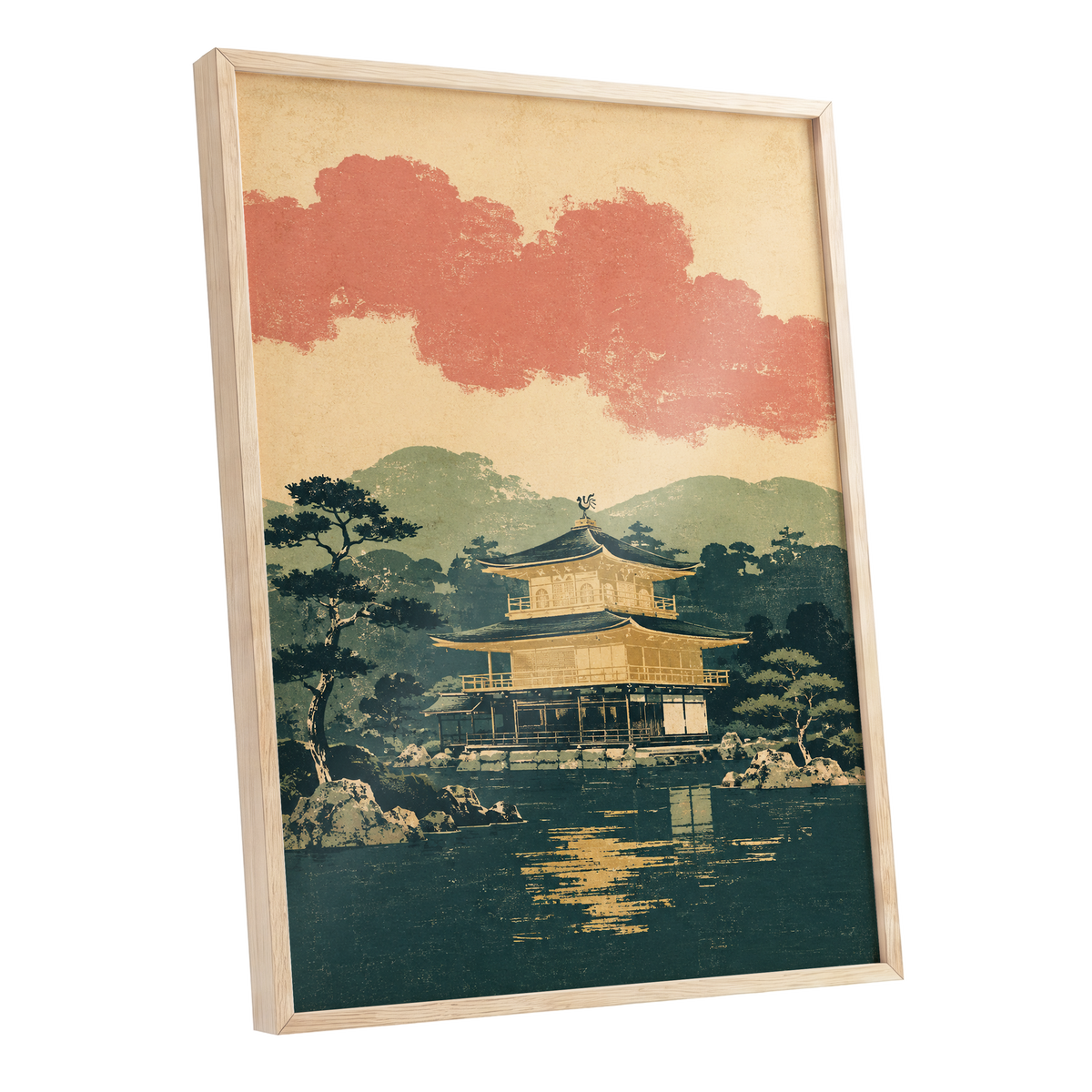 Golden Pavilion Stillness, green, beige, gold nature wall art shown as a oak framed poster wall art print