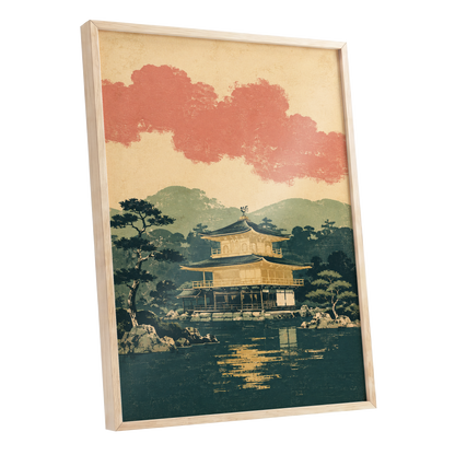 Golden Pavilion Stillness, green, beige, gold nature wall art shown as a oak framed poster wall art print