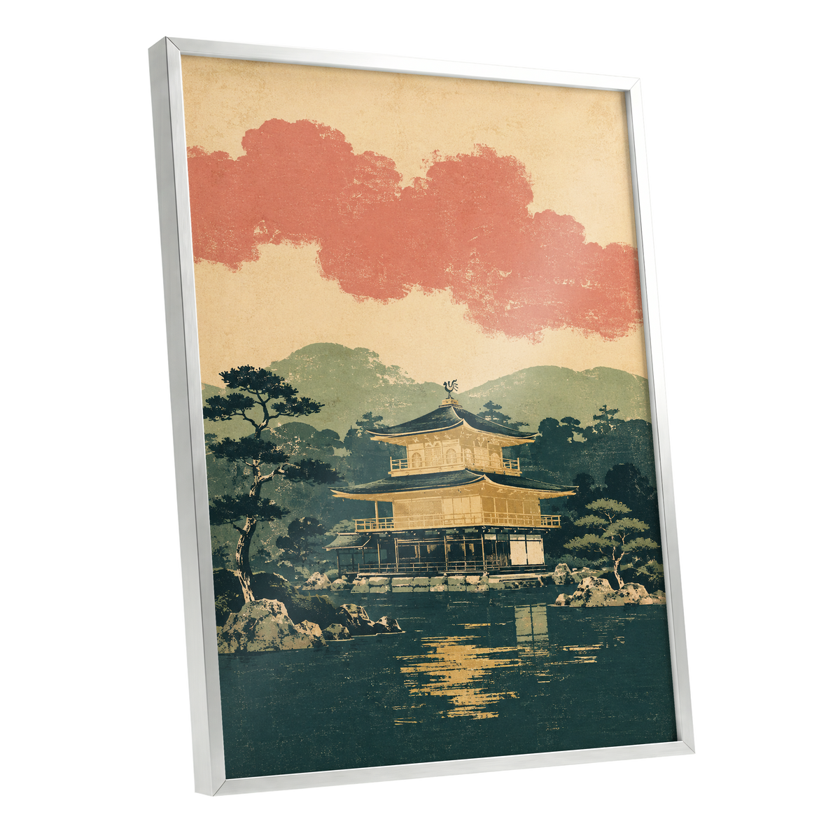 Golden Pavilion Stillness, green, beige, gold nature wall art shown as a silver framed poster wall art print