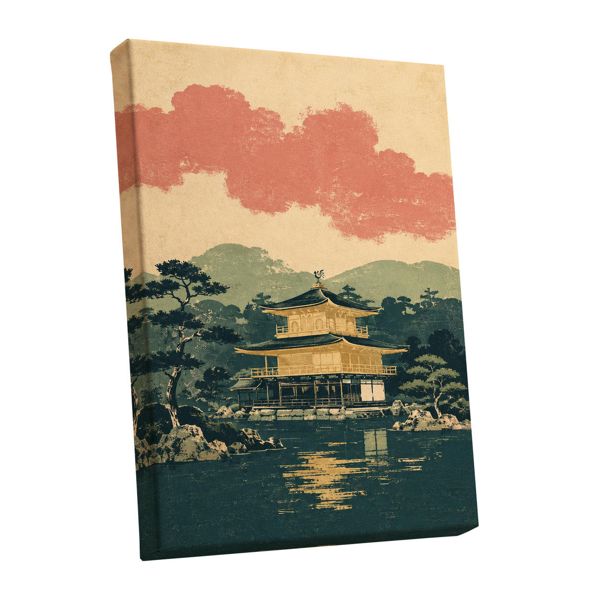 Golden Pavilion Stillness, green, beige, gold nature wall art shown as a stretched canvas wall art