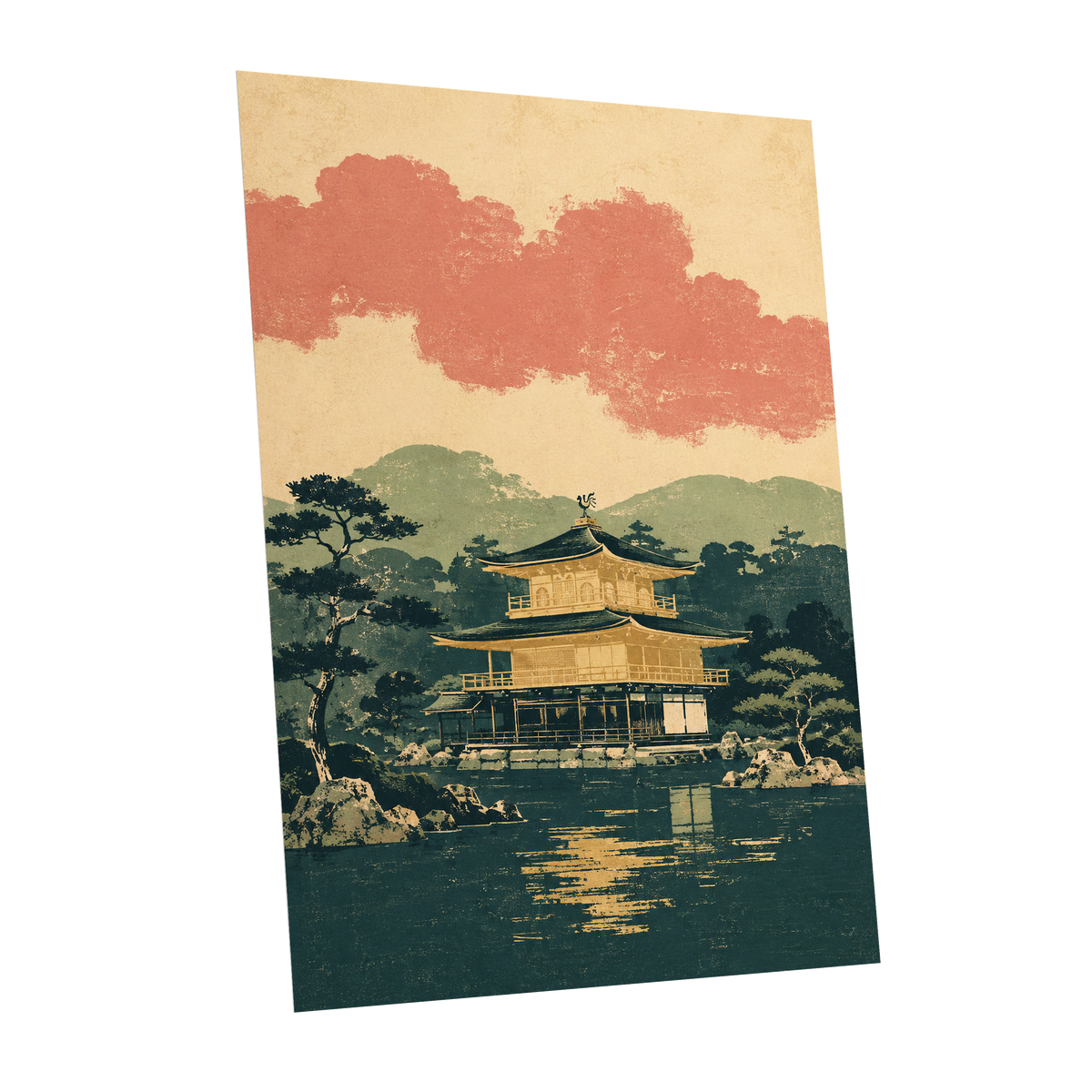 Golden Pavilion Stillness, green, beige, gold nature wall art shown as a unframed poster wall art print