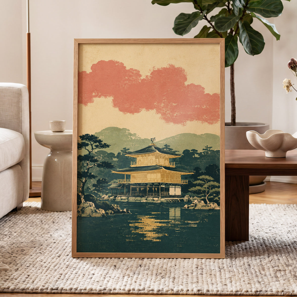 Golden Pavilion Stillness, green, beige, gold nature wall art displayed in a styled interior, gallery view 2