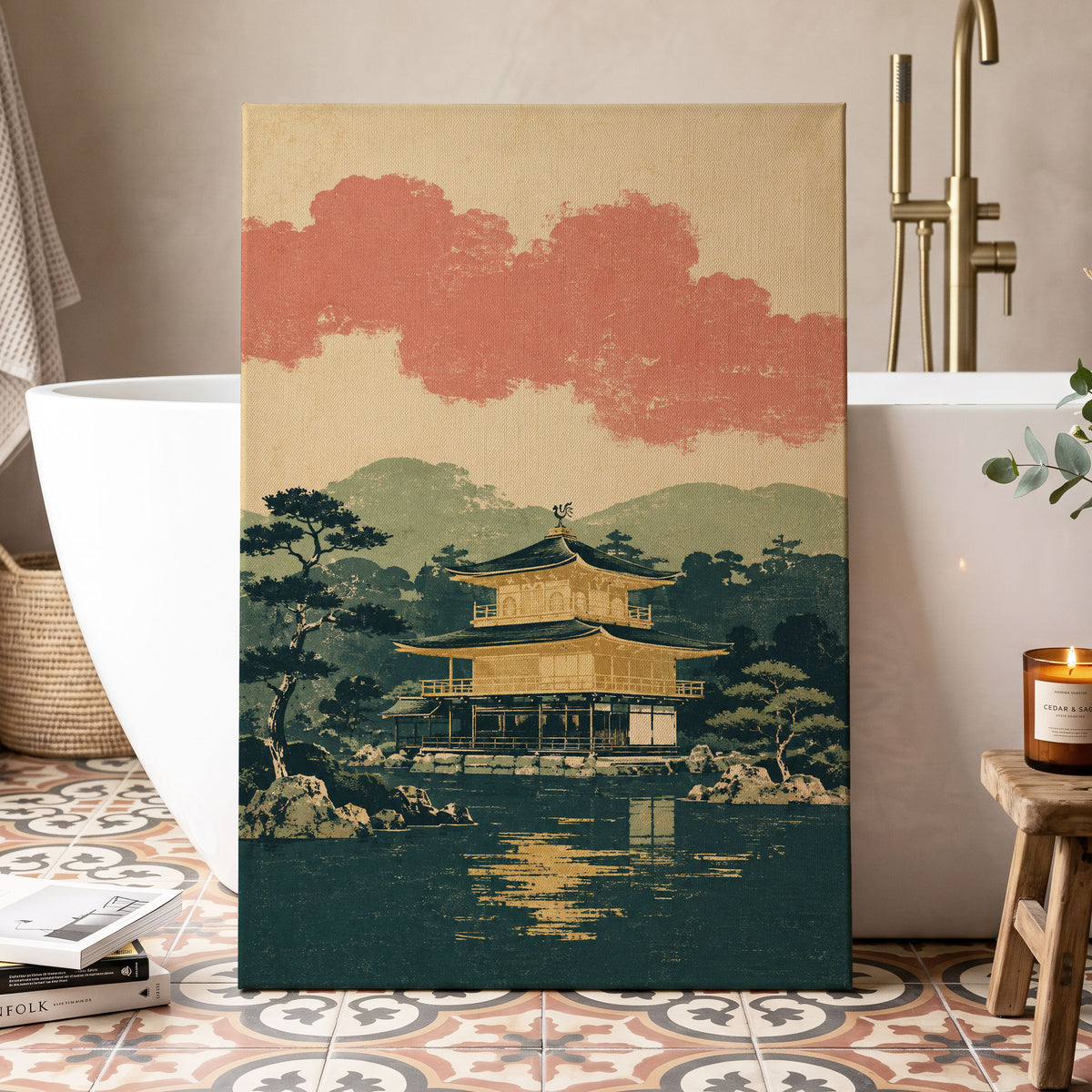 Golden Pavilion Stillness, green, beige, gold nature wall art displayed in a styled interior, gallery view 3