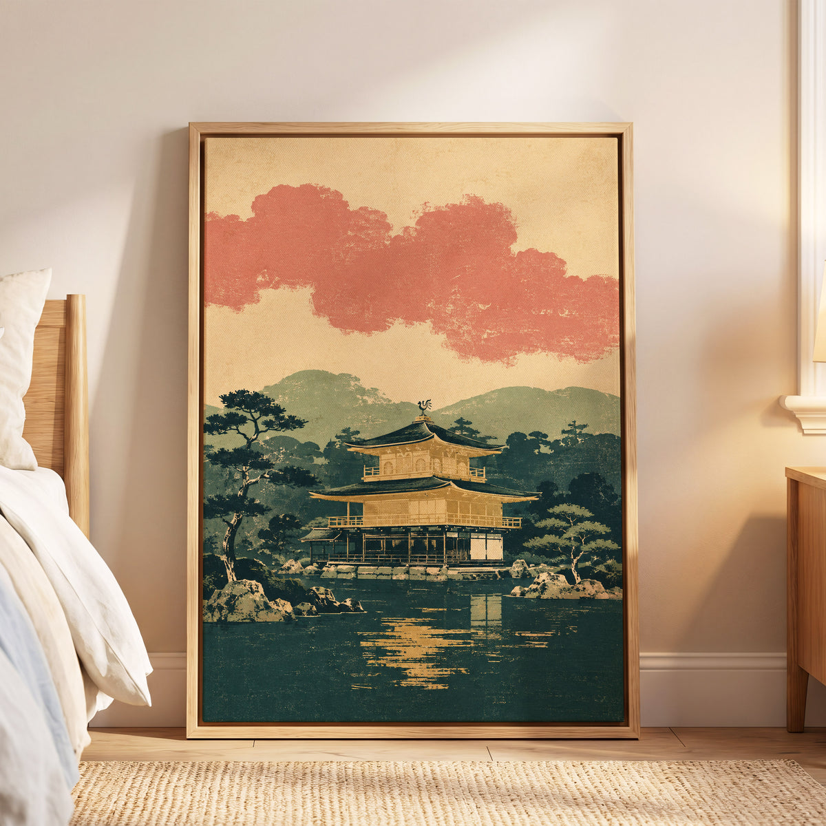 Golden Pavilion Stillness, green, beige, gold nature wall art displayed in a styled interior, gallery view 4