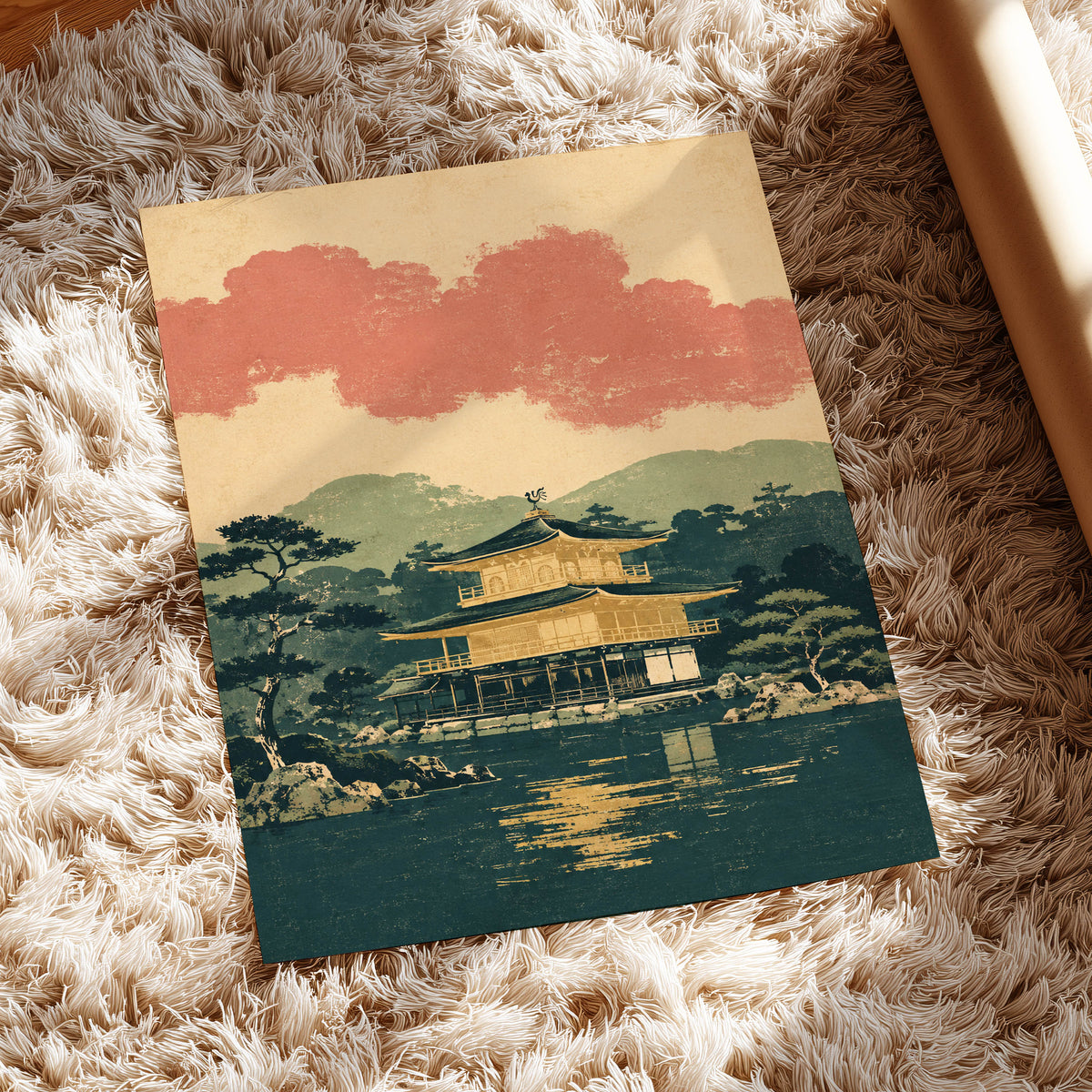 Golden Pavilion Stillness, green, beige, gold nature wall art displayed in a styled interior, gallery view 5