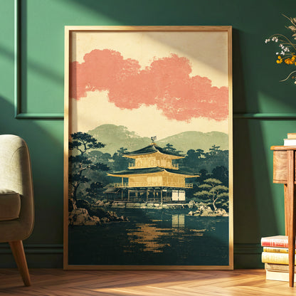 Golden Pavilion Stillness, green, beige, gold nature wall art displayed in a styled interior, gallery view 6