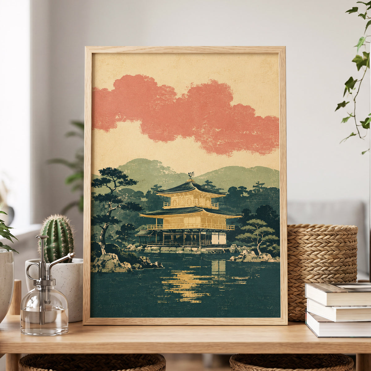 Golden Pavilion Stillness, green, beige, gold nature wall art displayed in a styled interior, gallery view 9