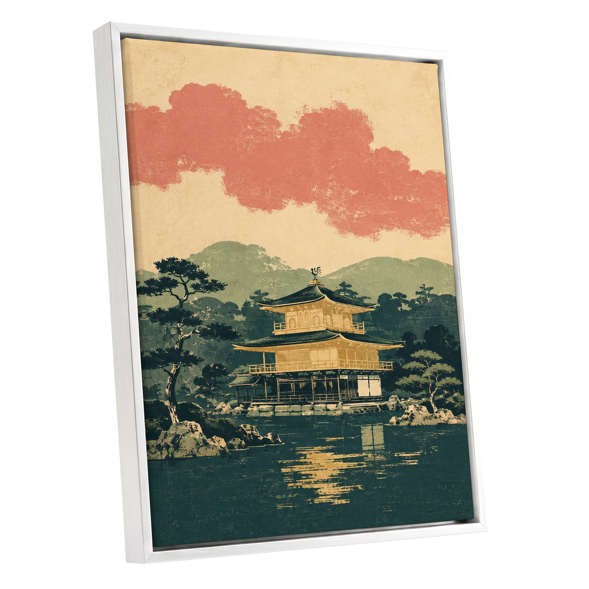 Golden Pavilion Stillness, green, beige, gold nature wall art shown as a white framed canvas wall art