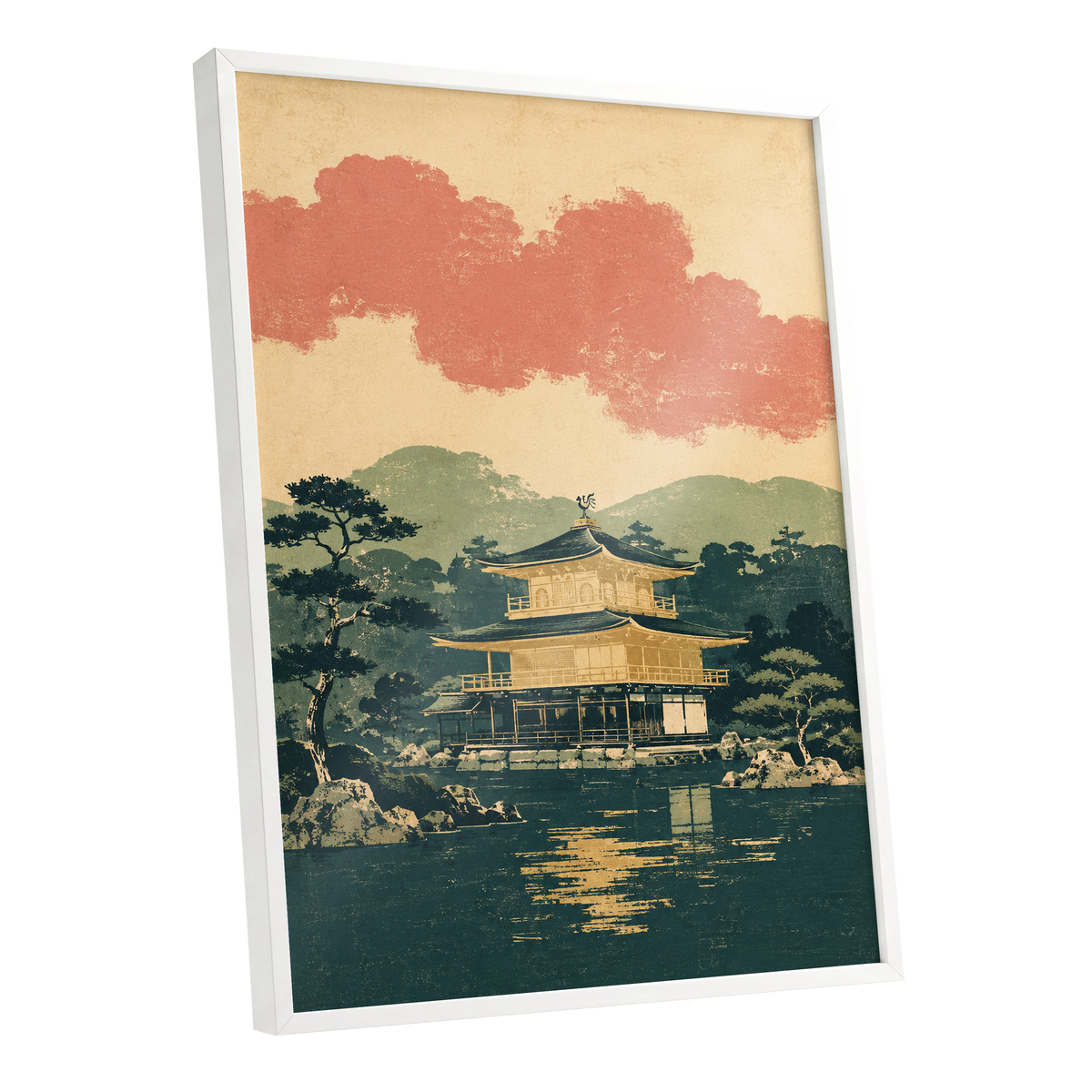 Golden Pavilion Stillness, green, beige, gold nature wall art shown as a white framed poster wall art print