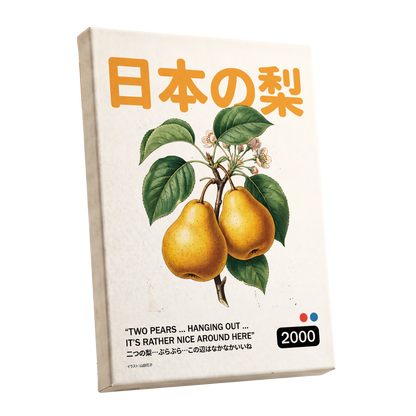 Golden Pears of Japan, green, beige, gold nature wall art shown as a stretched canvas wall art