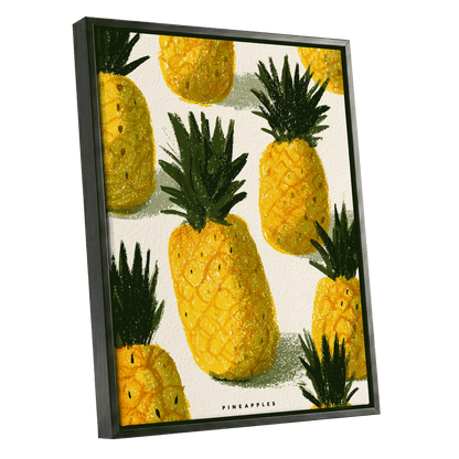 Golden Pineapple Parade, yellow, gold, green nature wall art shown as a black framed canvas wall art