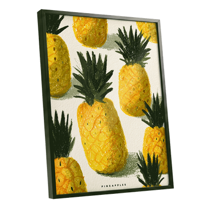 Golden Pineapple Parade, yellow, gold, green nature wall art shown as a black framed poster wall art print